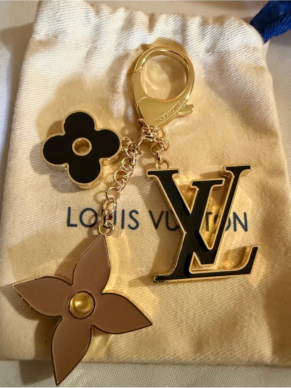 Louis Vuitton Gold, Pink & Brown LV Charm Keyring